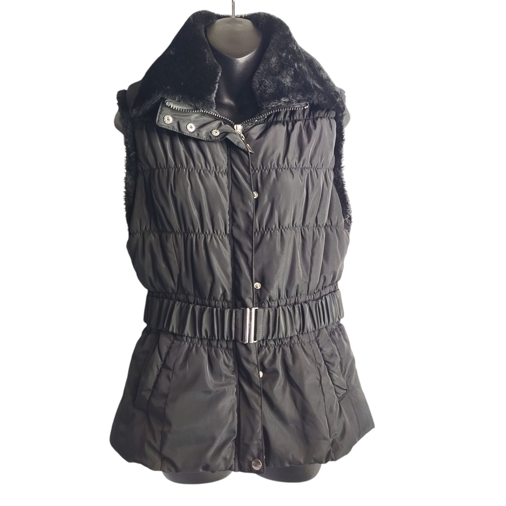 Cecico Vest Womens Black Faux Fur Removable Collar Belt Quilted Jacket Vest Sz L